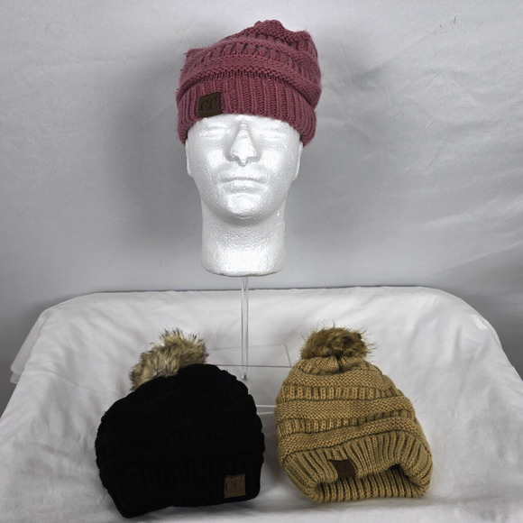 C.C Beanie Hats Women's OSFM Pink, Black and Tan 3 Pack Knit Acrylic - Picture 12 of 12